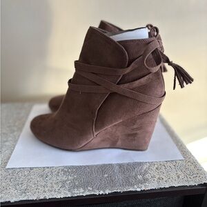 Brown Faux Suede Wedge Ankle Boots